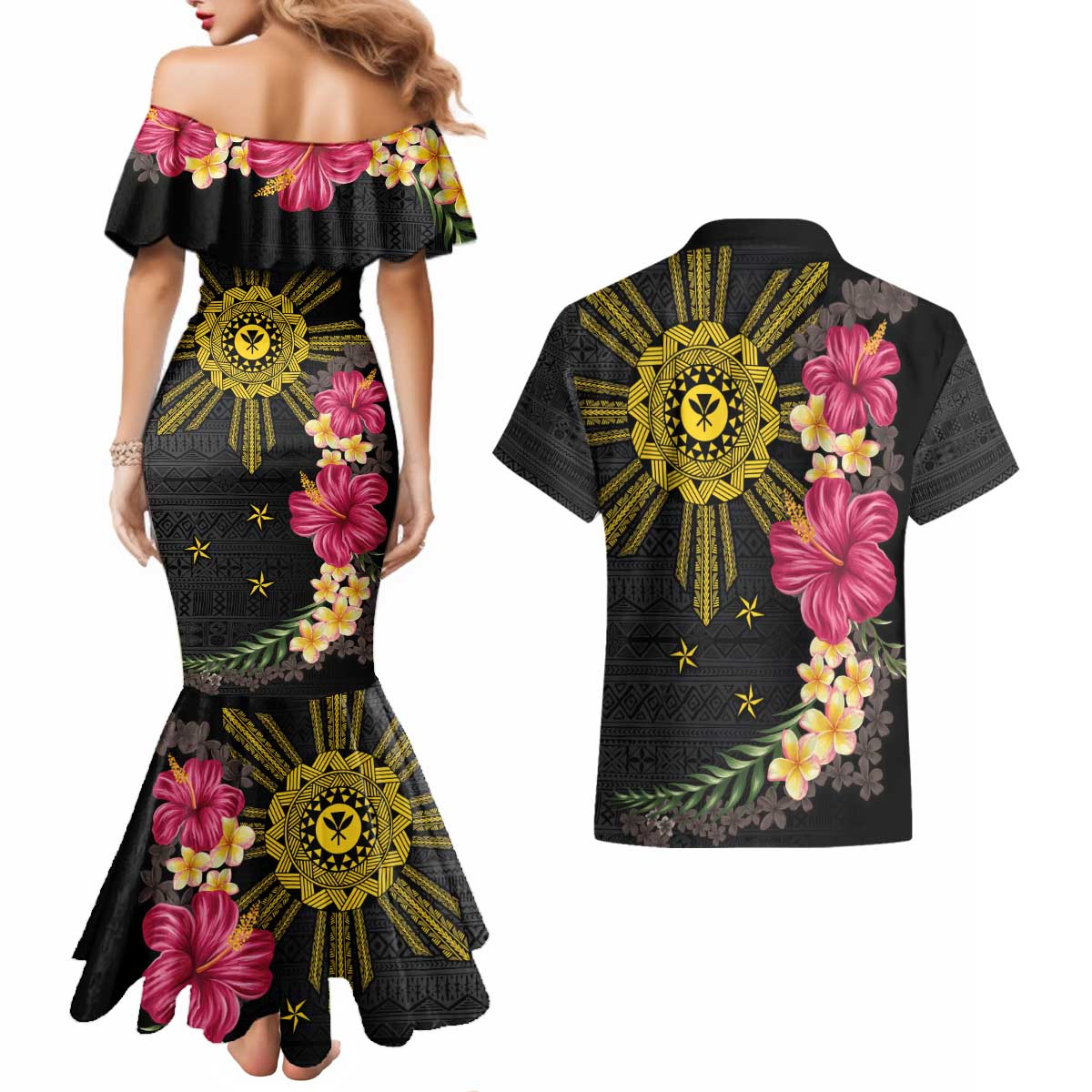 Hawaii and Philippines Together Couples Matching Mermaid Dress and Hawaiian Shirt Hibiscus Flower and Sun Badge Polynesian Pattern Coloful LT03 - Polynesian Pride