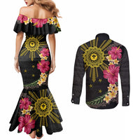 Hawaii and Philippines Together Couples Matching Mermaid Dress and Long Sleeve Button Shirt Hibiscus Flower and Sun Badge Polynesian Pattern Coloful LT03 - Polynesian Pride