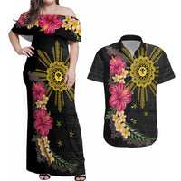 Hawaii and Philippines Together Couples Matching Off Shoulder Maxi Dress and Hawaiian Shirt Hibiscus Flower and Sun Badge Polynesian Pattern Coloful LT03 Black - Polynesian Pride