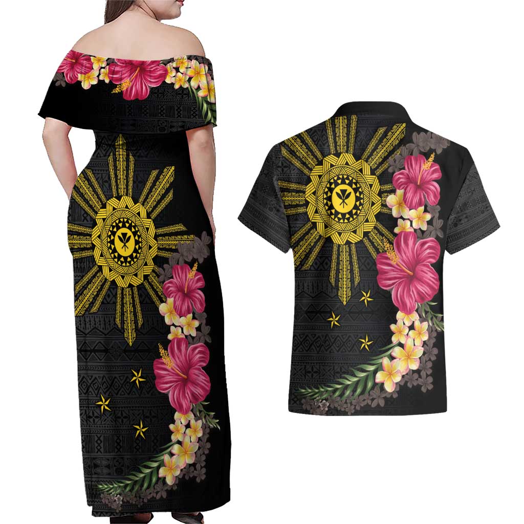 Hawaii and Philippines Together Couples Matching Off Shoulder Maxi Dress and Hawaiian Shirt Hibiscus Flower and Sun Badge Polynesian Pattern Coloful LT03 - Polynesian Pride