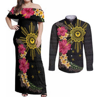 Hawaii and Philippines Together Couples Matching Off Shoulder Maxi Dress and Long Sleeve Button Shirt Hibiscus Flower and Sun Badge Polynesian Pattern Coloful LT03 Black - Polynesian Pride
