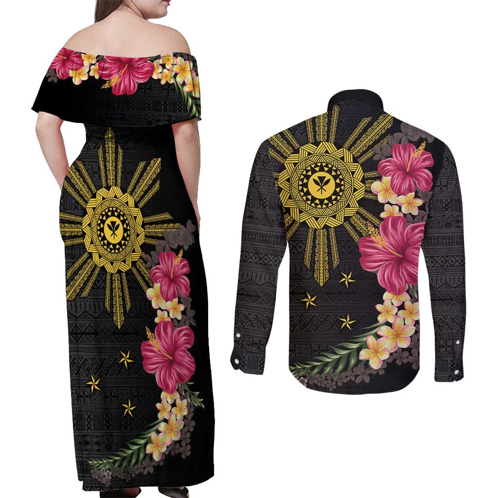 Hawaii and Philippines Together Couples Matching Off Shoulder Maxi Dress and Long Sleeve Button Shirt Hibiscus Flower and Sun Badge Polynesian Pattern Coloful LT03 - Polynesian Pride