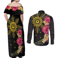 Hawaii and Philippines Together Couples Matching Off Shoulder Maxi Dress and Long Sleeve Button Shirt Hibiscus Flower and Sun Badge Polynesian Pattern Coloful LT03 - Polynesian Pride
