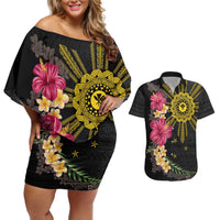 Hawaii and Philippines Together Couples Matching Off Shoulder Short Dress and Hawaiian Shirt Hibiscus Flower and Sun Badge Polynesian Pattern Coloful LT03 Black - Polynesian Pride