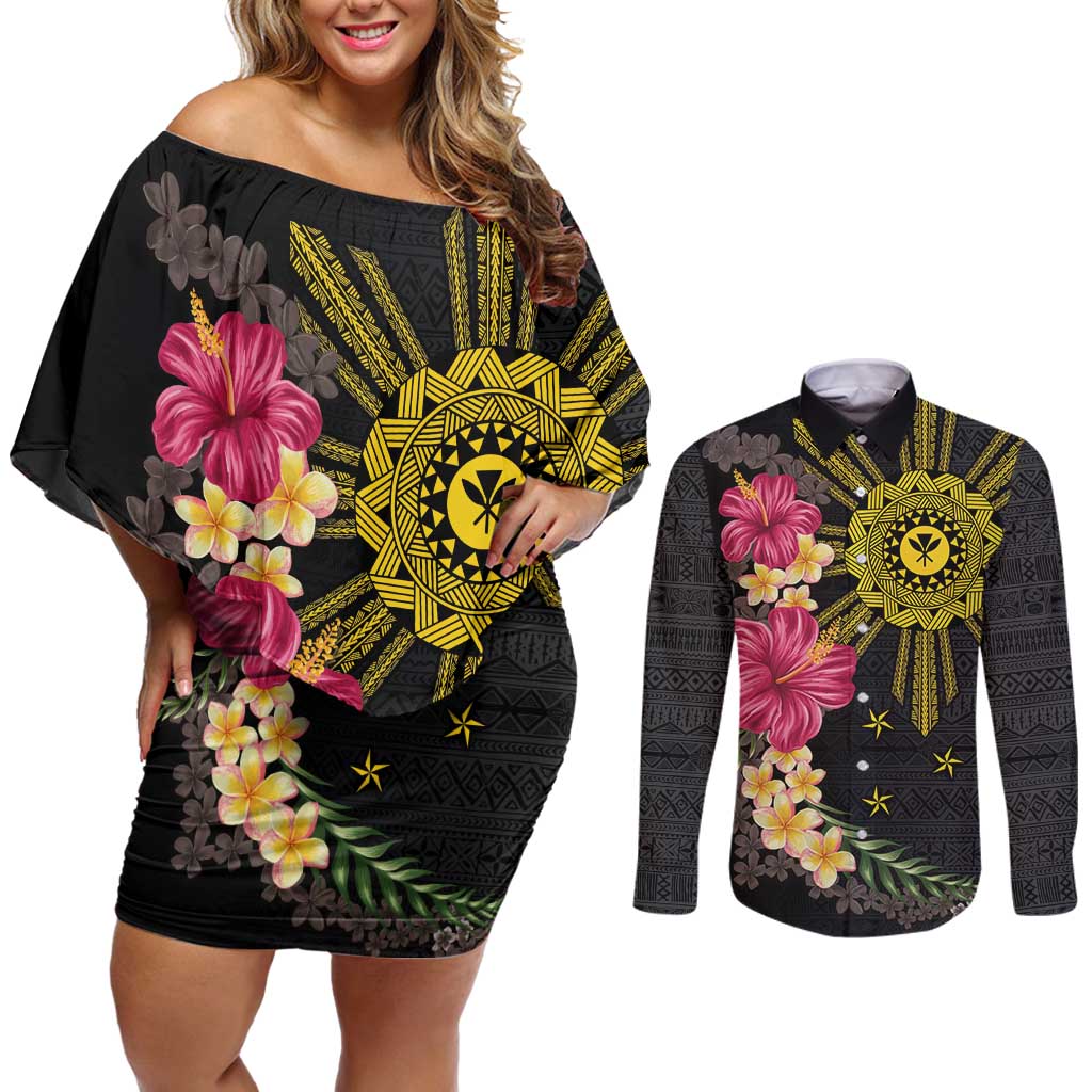 Hawaii and Philippines Together Couples Matching Off Shoulder Short Dress and Long Sleeve Button Shirt Hibiscus Flower and Sun Badge Polynesian Pattern Coloful LT03 Black - Polynesian Pride