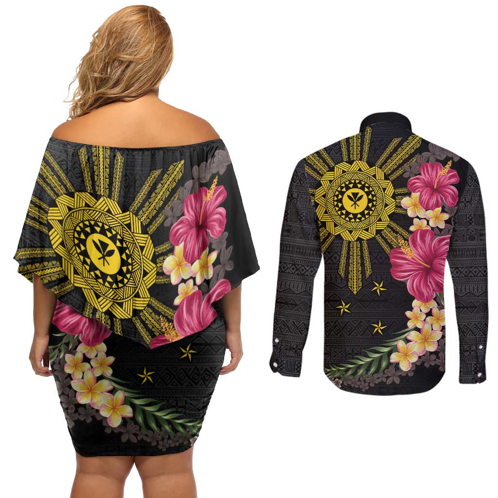 Hawaii and Philippines Together Couples Matching Off Shoulder Short Dress and Long Sleeve Button Shirt Hibiscus Flower and Sun Badge Polynesian Pattern Coloful LT03 - Polynesian Pride