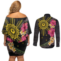 Hawaii and Philippines Together Couples Matching Off Shoulder Short Dress and Long Sleeve Button Shirt Hibiscus Flower and Sun Badge Polynesian Pattern Coloful LT03 - Polynesian Pride