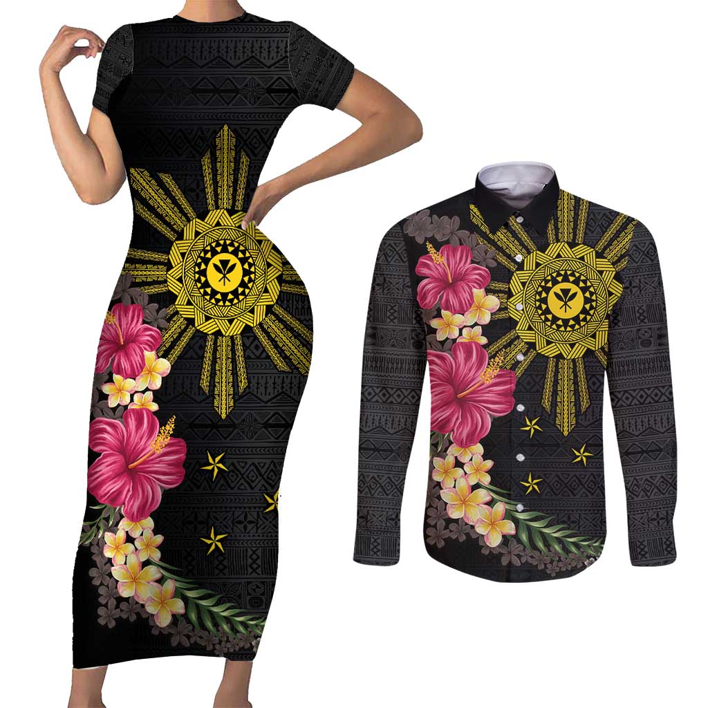 Hawaii and Philippines Together Couples Matching Short Sleeve Bodycon Dress and Long Sleeve Button Shirt Hibiscus Flower and Sun Badge Polynesian Pattern Coloful LT03 Black - Polynesian Pride