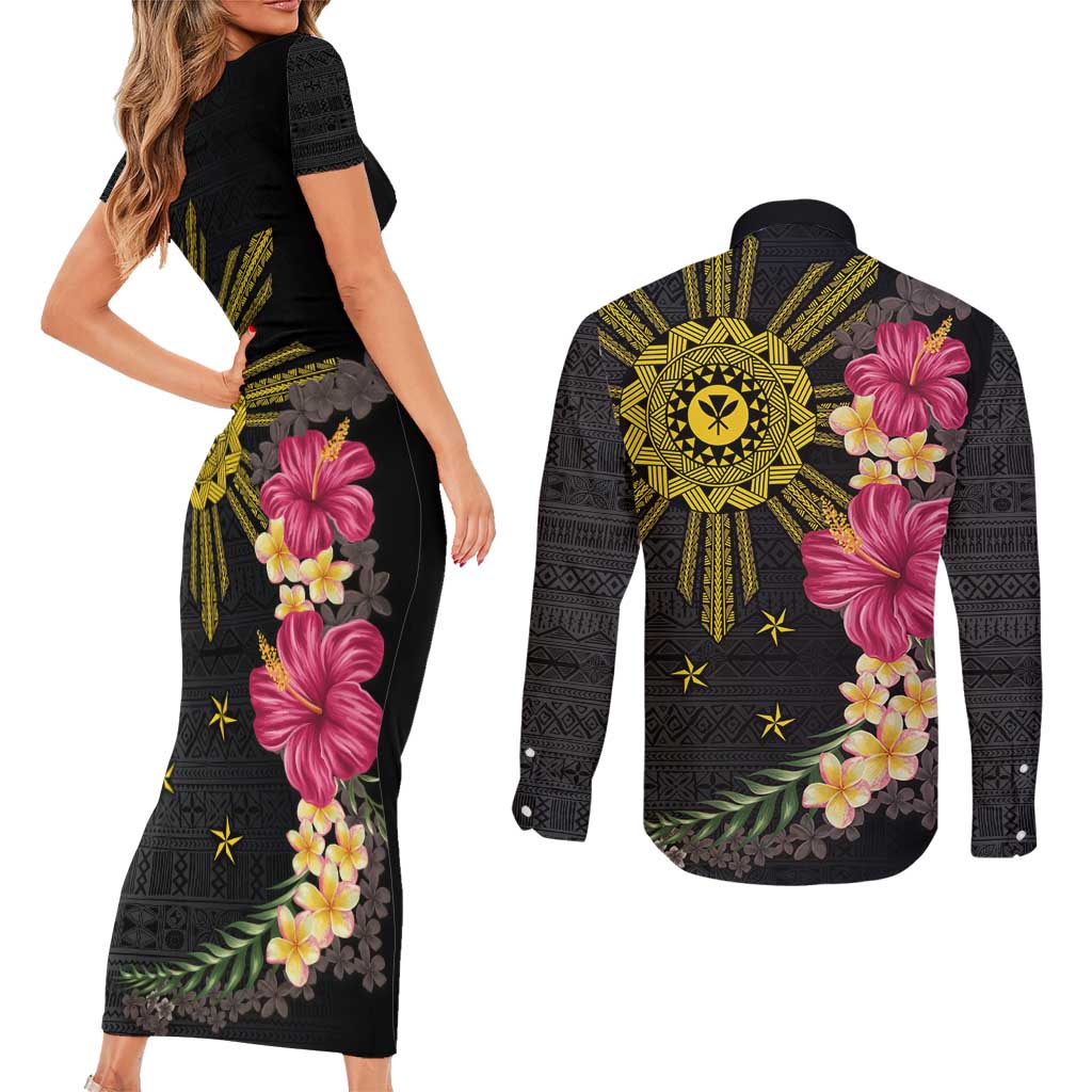Hawaii and Philippines Together Couples Matching Short Sleeve Bodycon Dress and Long Sleeve Button Shirt Hibiscus Flower and Sun Badge Polynesian Pattern Coloful LT03 - Polynesian Pride