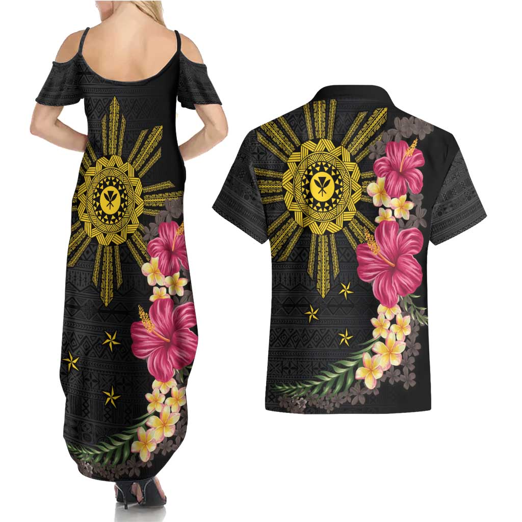 Hawaii and Philippines Together Couples Matching Summer Maxi Dress and Hawaiian Shirt Hibiscus Flower and Sun Badge Polynesian Pattern Coloful LT03 - Polynesian Pride
