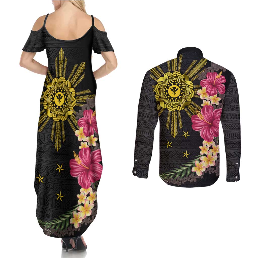 Hawaii and Philippines Together Couples Matching Summer Maxi Dress and Long Sleeve Button Shirt Hibiscus Flower and Sun Badge Polynesian Pattern Coloful LT03 - Polynesian Pride