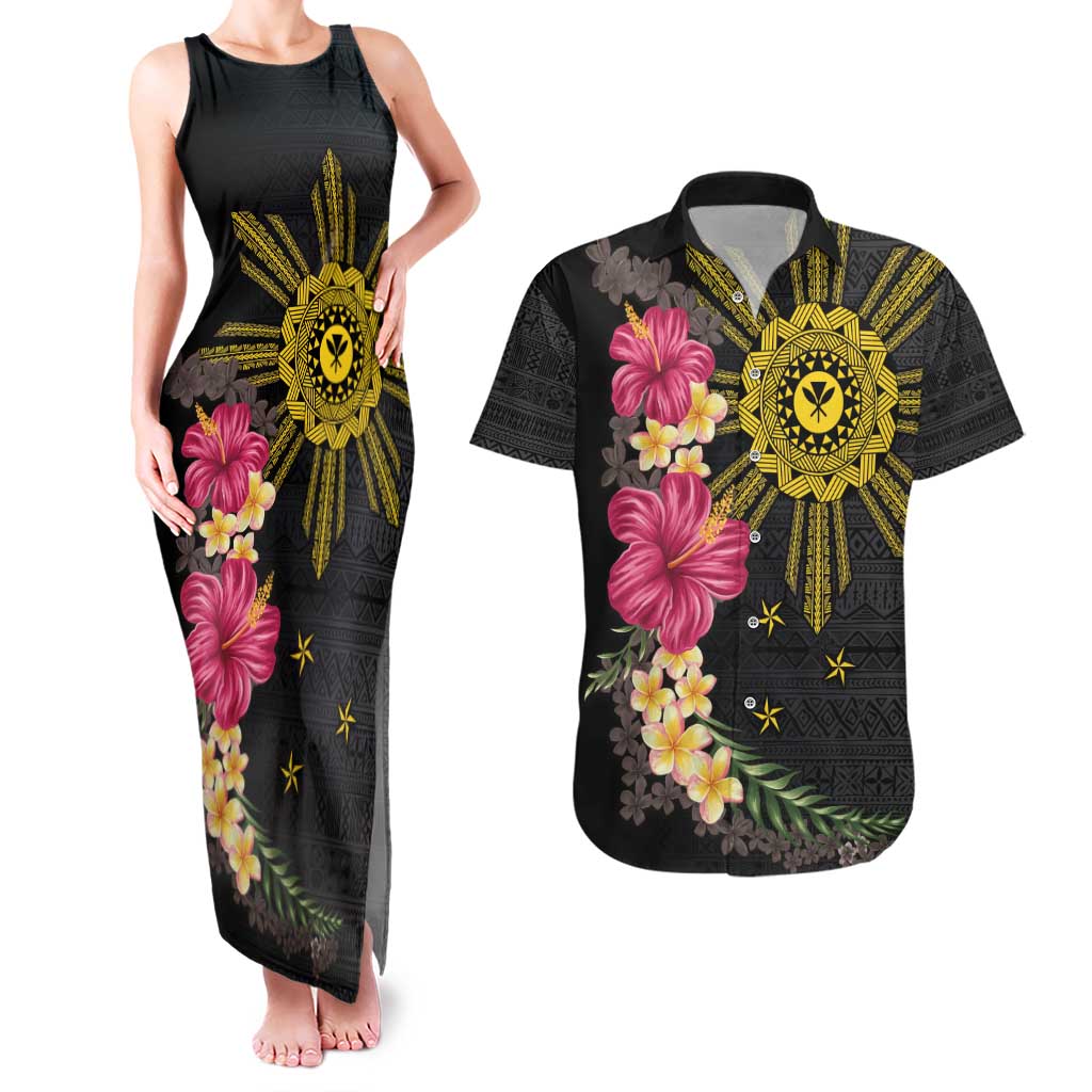 Hawaii and Philippines Together Couples Matching Tank Maxi Dress and Hawaiian Shirt Hibiscus Flower and Sun Badge Polynesian Pattern Coloful LT03 Black - Polynesian Pride