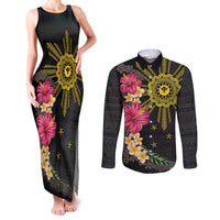 Hawaii and Philippines Together Couples Matching Tank Maxi Dress and Long Sleeve Button Shirt Hibiscus Flower and Sun Badge Polynesian Pattern Coloful LT03 Black - Polynesian Pride