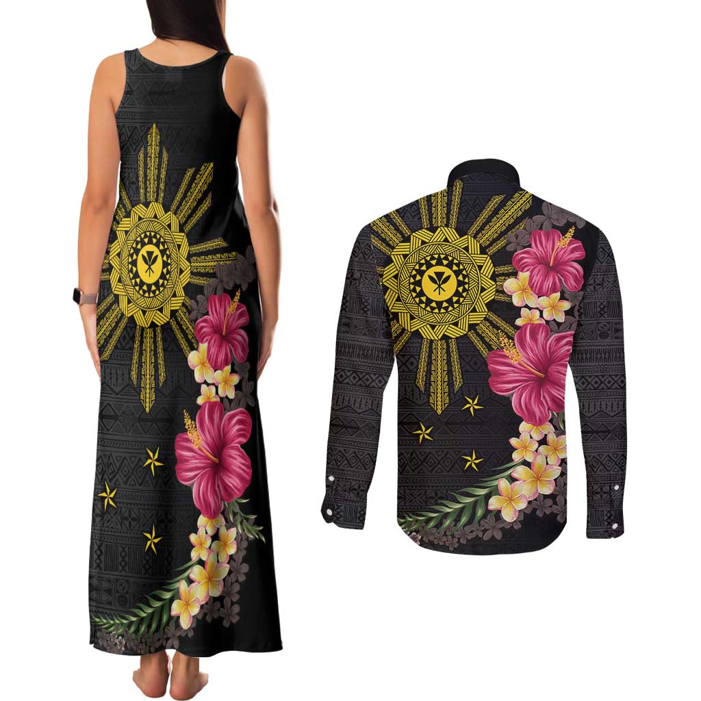 Hawaii and Philippines Together Couples Matching Tank Maxi Dress and Long Sleeve Button Shirt Hibiscus Flower and Sun Badge Polynesian Pattern Coloful LT03 - Polynesian Pride