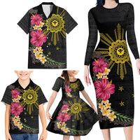 Hawaii and Philippines Together Family Matching Long Sleeve Bodycon Dress and Hawaiian Shirt Hibiscus Flower and Sun Badge Polynesian Pattern Coloful LT03 - Polynesian Pride