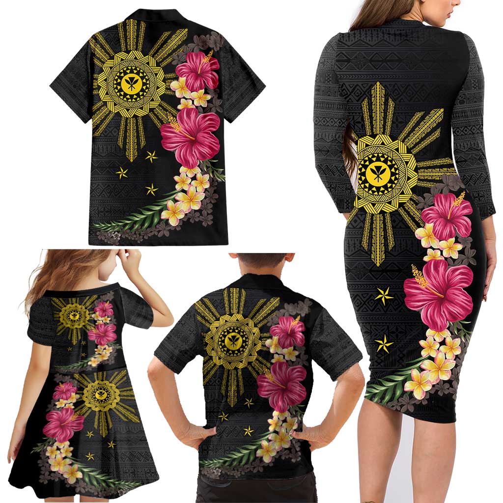 Hawaii and Philippines Together Family Matching Long Sleeve Bodycon Dress and Hawaiian Shirt Hibiscus Flower and Sun Badge Polynesian Pattern Coloful LT03 - Polynesian Pride