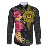 Hawaii and Philippines Together Family Matching Long Sleeve Bodycon Dress and Hawaiian Shirt Hibiscus Flower and Sun Badge Polynesian Pattern Coloful LT03 Dad's Shirt - Long Sleeve Black - Polynesian Pride