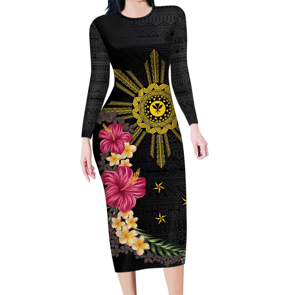 Hawaii and Philippines Together Family Matching Long Sleeve Bodycon Dress and Hawaiian Shirt Hibiscus Flower and Sun Badge Polynesian Pattern Coloful LT03 Mom's Dress Black - Polynesian Pride