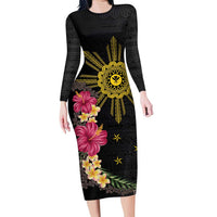 Hawaii and Philippines Together Family Matching Long Sleeve Bodycon Dress and Hawaiian Shirt Hibiscus Flower and Sun Badge Polynesian Pattern Coloful LT03 Mom's Dress Black - Polynesian Pride
