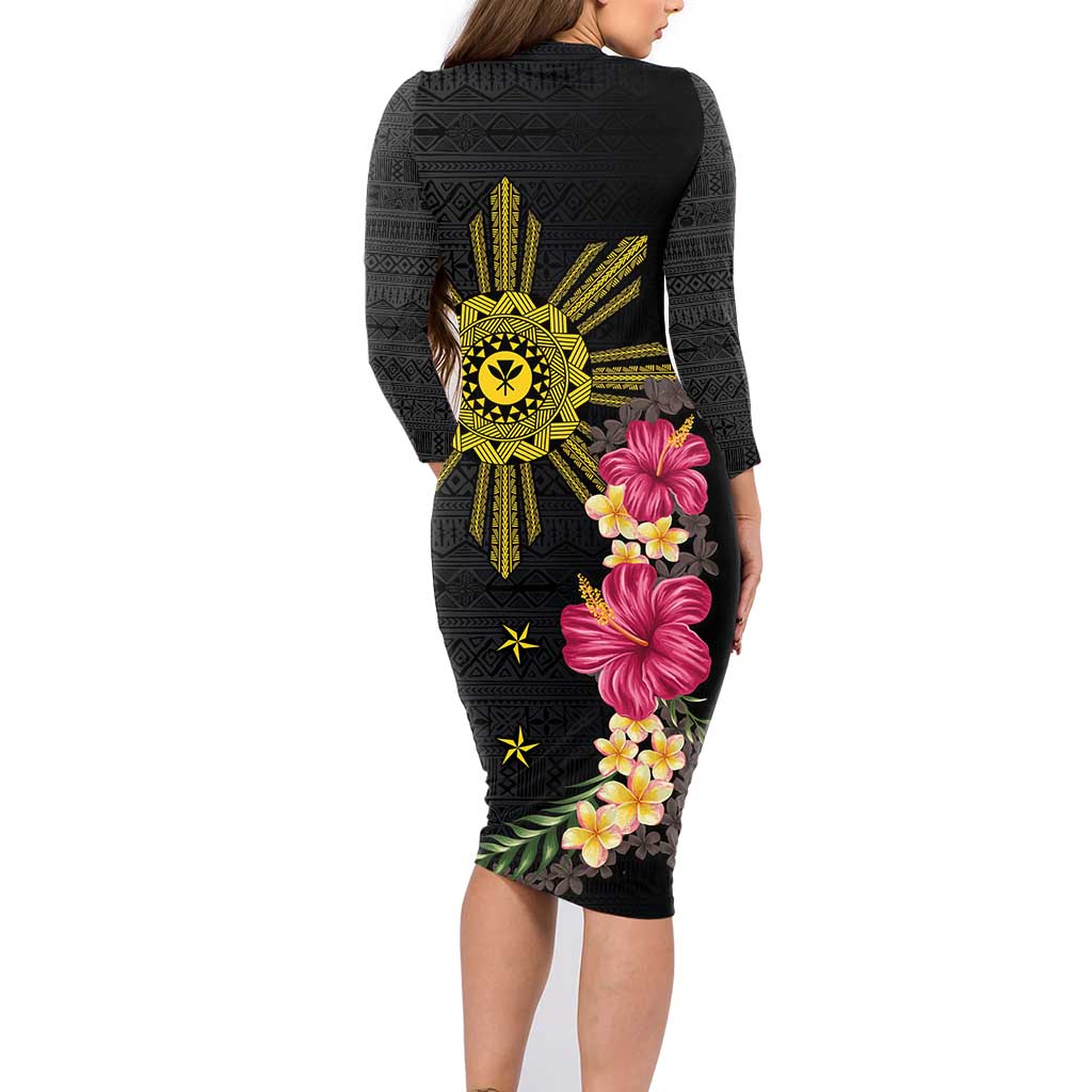 Hawaii and Philippines Together Family Matching Long Sleeve Bodycon Dress and Hawaiian Shirt Hibiscus Flower and Sun Badge Polynesian Pattern Coloful LT03 - Polynesian Pride