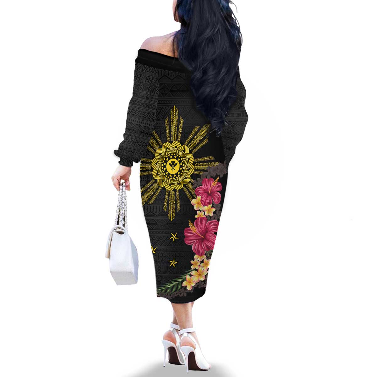Hawaii and Philippines Together Family Matching Off The Shoulder Long Sleeve Dress and Hawaiian Shirt Hibiscus Flower and Sun Badge Polynesian Pattern Coloful LT03 - Polynesian Pride
