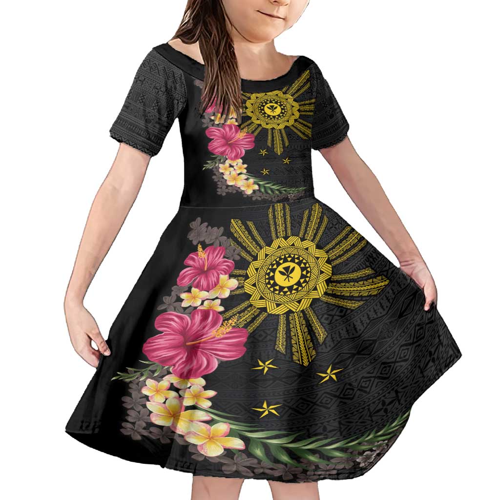 Hawaii and Philippines Together Family Matching Off Shoulder Maxi Dress and Hawaiian Shirt Hibiscus Flower and Sun Badge Polynesian Pattern Coloful LT03 Daughter's Dress Black - Polynesian Pride