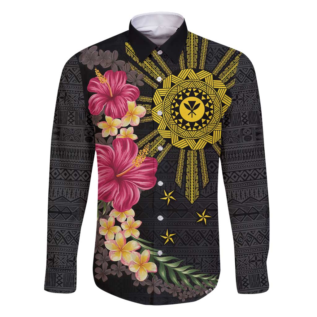 Hawaii and Philippines Together Family Matching Off Shoulder Maxi Dress and Hawaiian Shirt Hibiscus Flower and Sun Badge Polynesian Pattern Coloful LT03 Dad's Shirt - Long Sleeve Black - Polynesian Pride