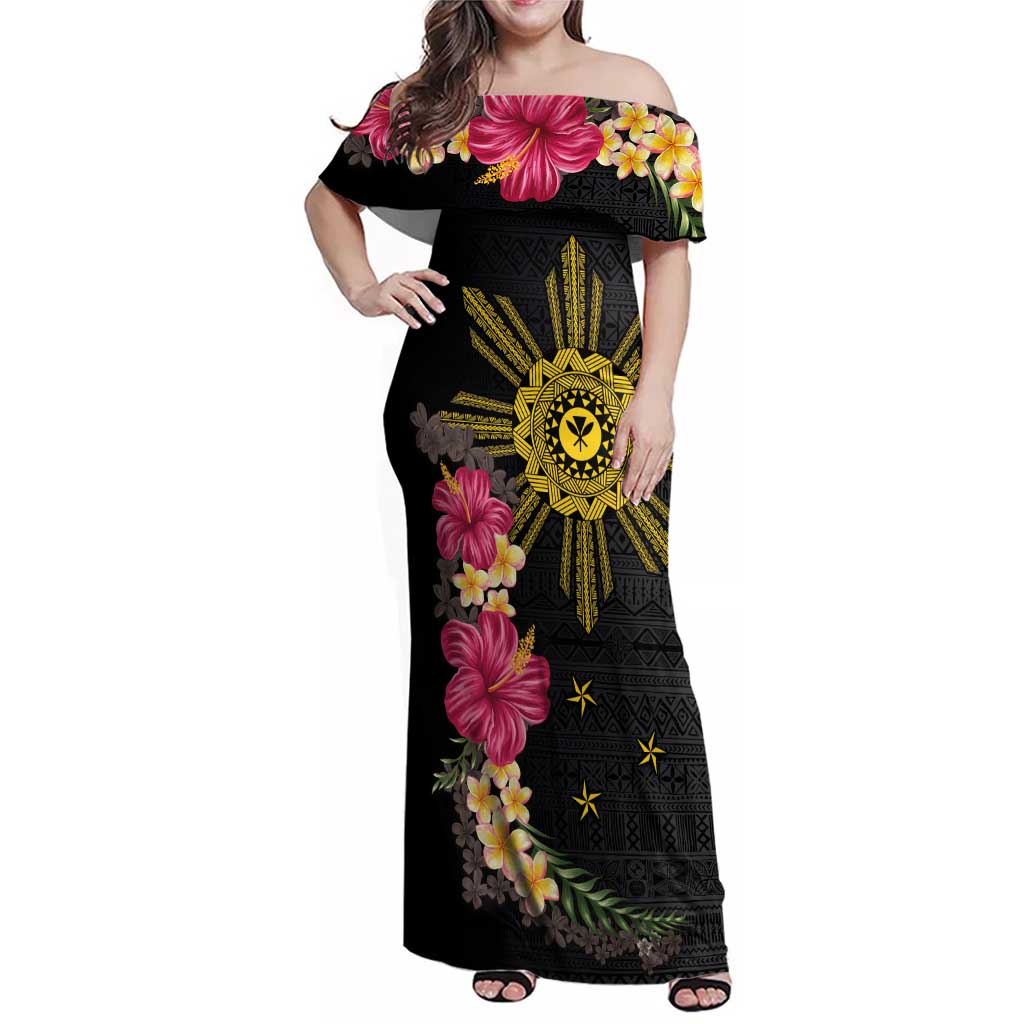 Hawaii and Philippines Together Family Matching Off Shoulder Maxi Dress and Hawaiian Shirt Hibiscus Flower and Sun Badge Polynesian Pattern Coloful LT03 Mom's Dress Black - Polynesian Pride