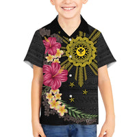 Hawaii and Philippines Together Family Matching Off Shoulder Maxi Dress and Hawaiian Shirt Hibiscus Flower and Sun Badge Polynesian Pattern Coloful LT03 Son's Shirt Black - Polynesian Pride