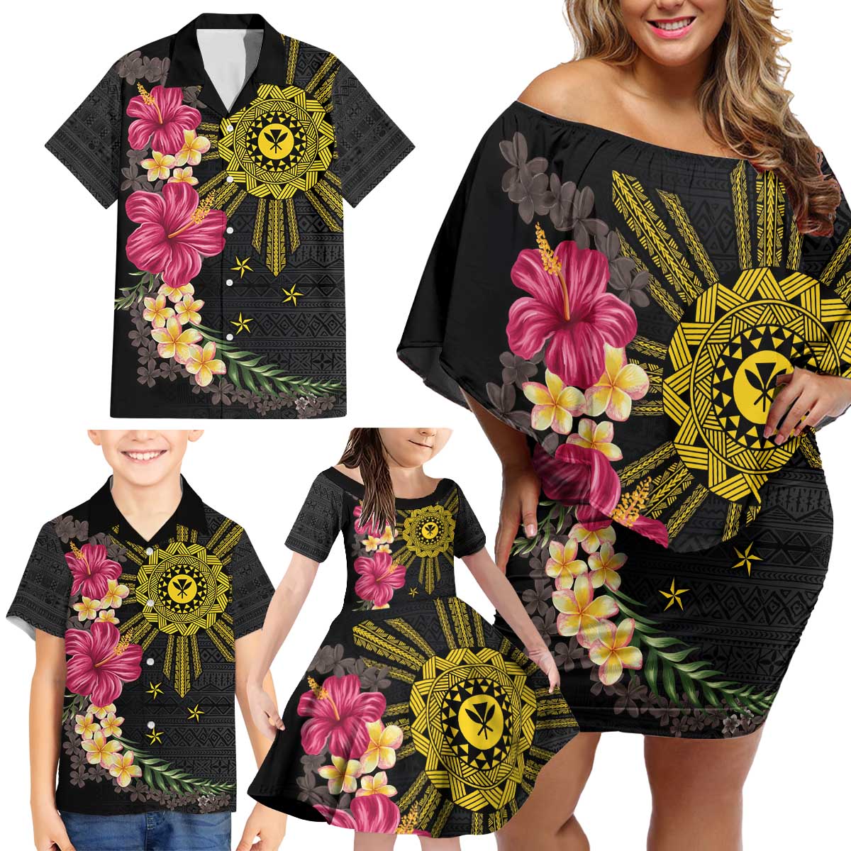 Hawaii and Philippines Together Family Matching Off Shoulder Short Dress and Hawaiian Shirt Hibiscus Flower and Sun Badge Polynesian Pattern Coloful LT03 - Polynesian Pride