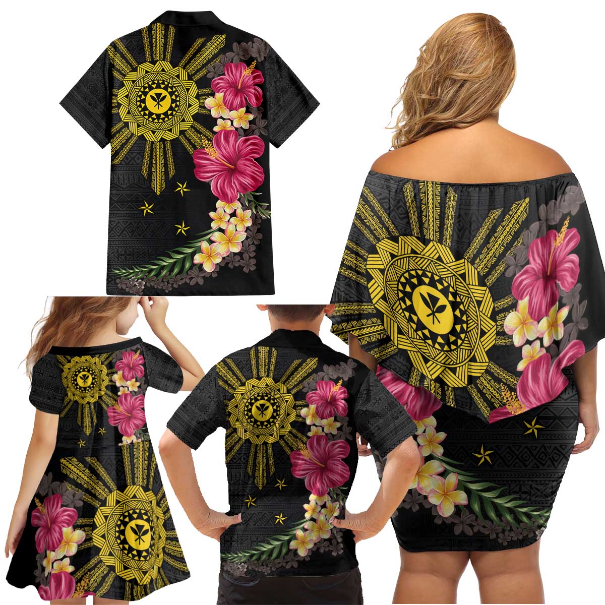 Hawaii and Philippines Together Family Matching Off Shoulder Short Dress and Hawaiian Shirt Hibiscus Flower and Sun Badge Polynesian Pattern Coloful LT03 - Polynesian Pride
