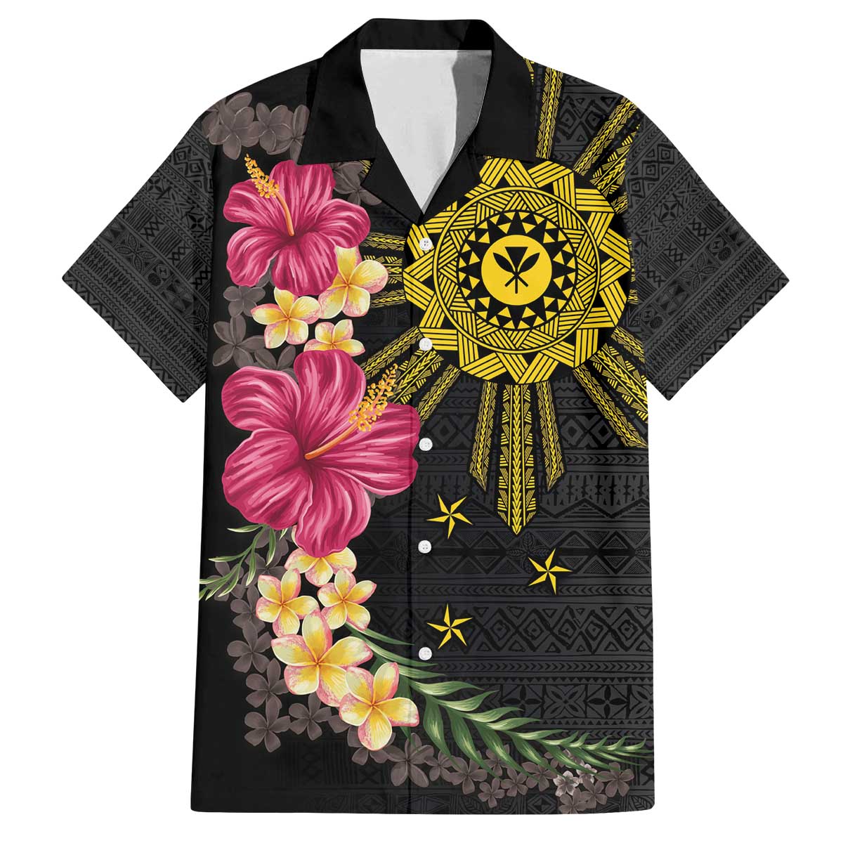 Hawaii and Philippines Together Family Matching Off Shoulder Short Dress and Hawaiian Shirt Hibiscus Flower and Sun Badge Polynesian Pattern Coloful LT03 Dad's Shirt - Short Sleeve Black - Polynesian Pride
