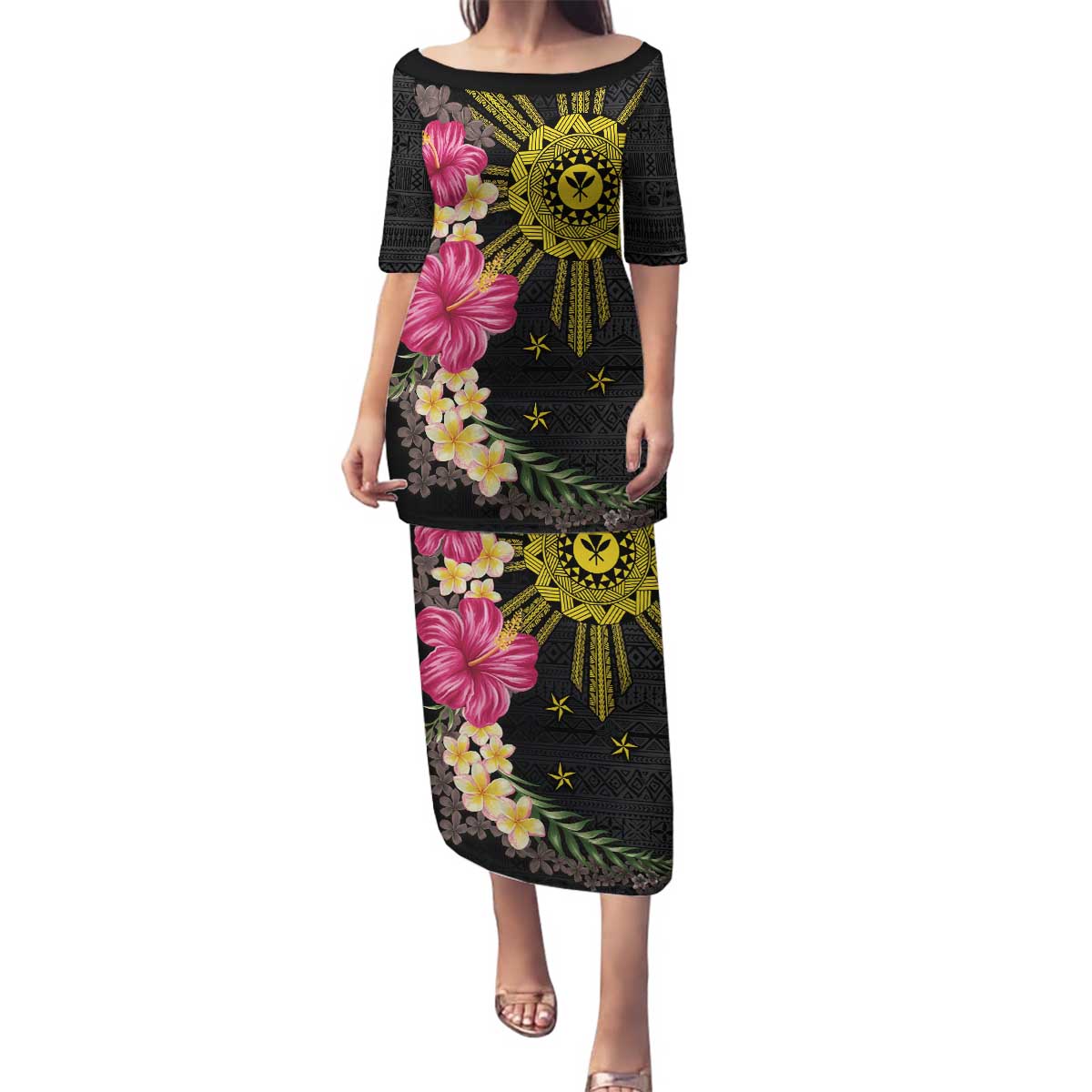 Hawaii and Philippines Together Family Matching Puletasi and Hawaiian Shirt Hibiscus Flower and Sun Badge Polynesian Pattern Coloful LT03 Mom's Dress Black - Polynesian Pride