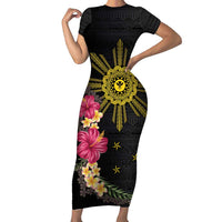 Hawaii and Philippines Together Family Matching Short Sleeve Bodycon Dress and Hawaiian Shirt Hibiscus Flower and Sun Badge Polynesian Pattern Coloful LT03 Mom's Dress Black - Polynesian Pride