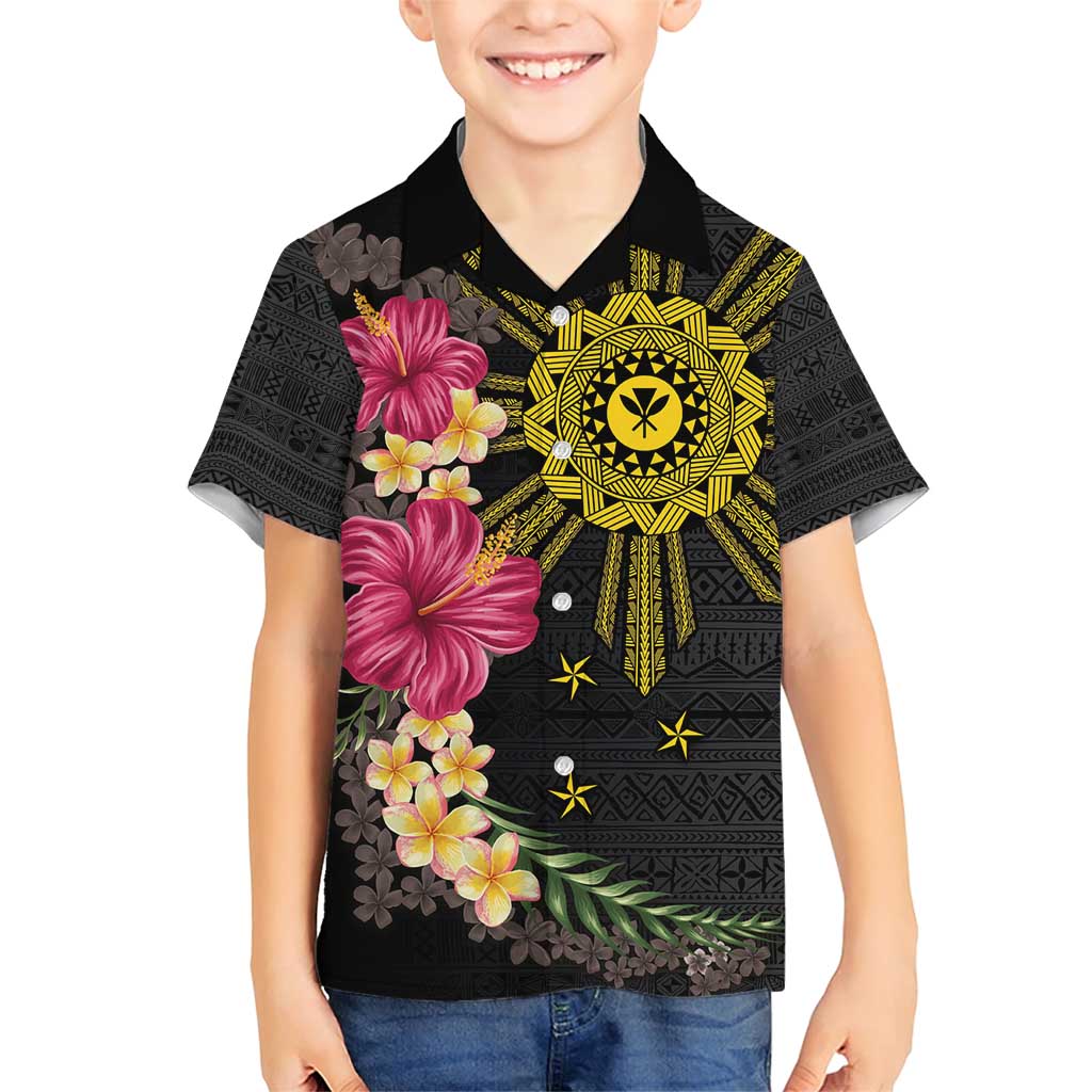 Hawaii and Philippines Together Family Matching Short Sleeve Bodycon Dress and Hawaiian Shirt Hibiscus Flower and Sun Badge Polynesian Pattern Coloful LT03 Son's Shirt Black - Polynesian Pride