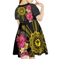 Hawaii and Philippines Together Kid Short Sleeve Dress Hibiscus Flower and Sun Badge Polynesian Pattern Coloful