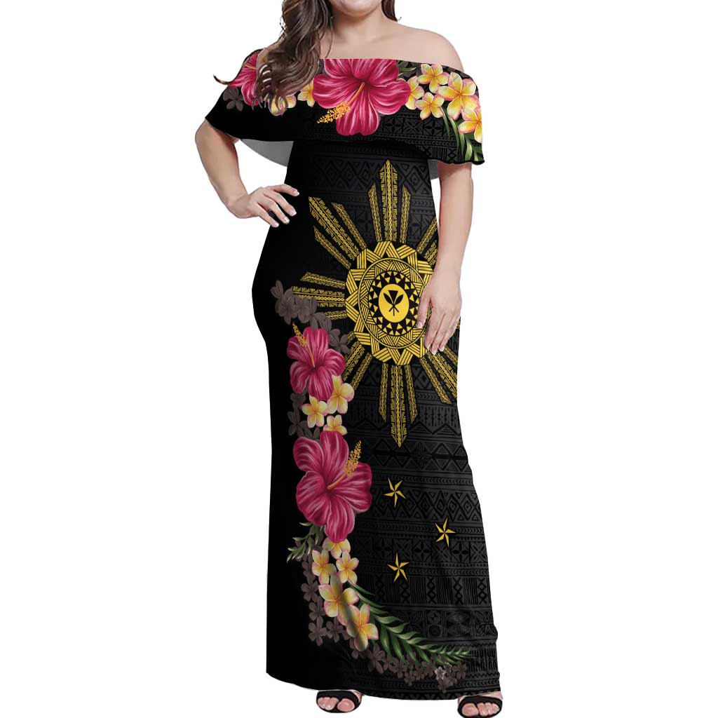 Hawaii and Philippines Together Off Shoulder Maxi Dress Hibiscus Flower and Sun Badge Polynesian Pattern Coloful LT03 Women Black - Polynesian Pride