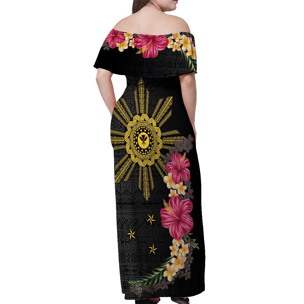 Hawaii and Philippines Together Off Shoulder Maxi Dress Hibiscus Flower and Sun Badge Polynesian Pattern Coloful LT03 - Polynesian Pride
