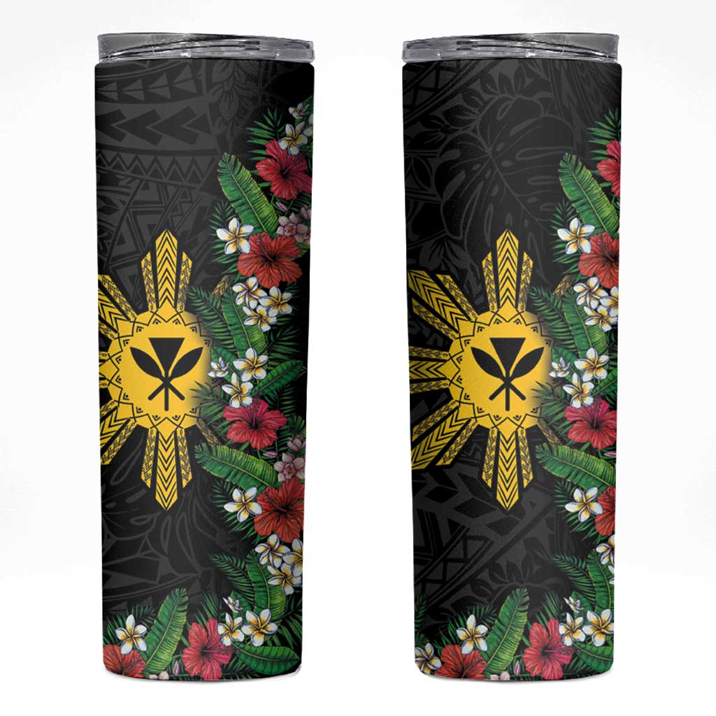Hawaii and Philippines Together Skinny Tumbler Hibiscus Flower and Sun Badge Polynesian Pattern Coloful LT03 Black - Polynesian Pride