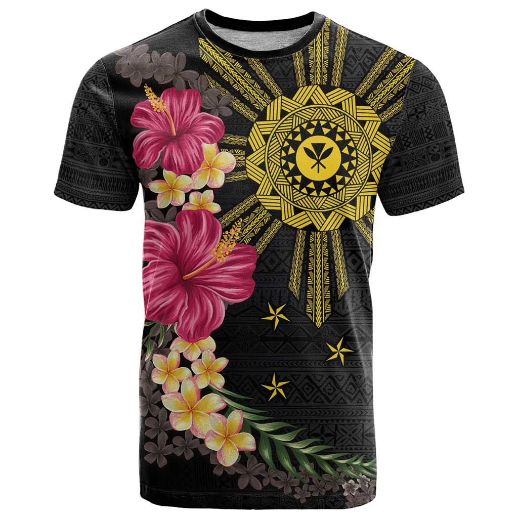 Hawaii and Philippines Together T Shirt Hibiscus Flower and Sun Badge Polynesian Pattern Coloful LT03 Black - Polynesian Pride