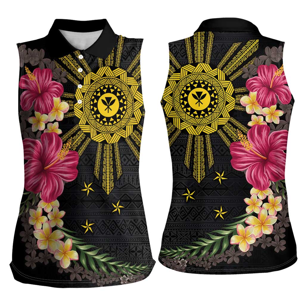 Hawaii and Philippines Together Women Sleeveless Polo Shirt Hibiscus Flower and Sun Badge Polynesian Pattern Coloful LT03 - Polynesian Pride