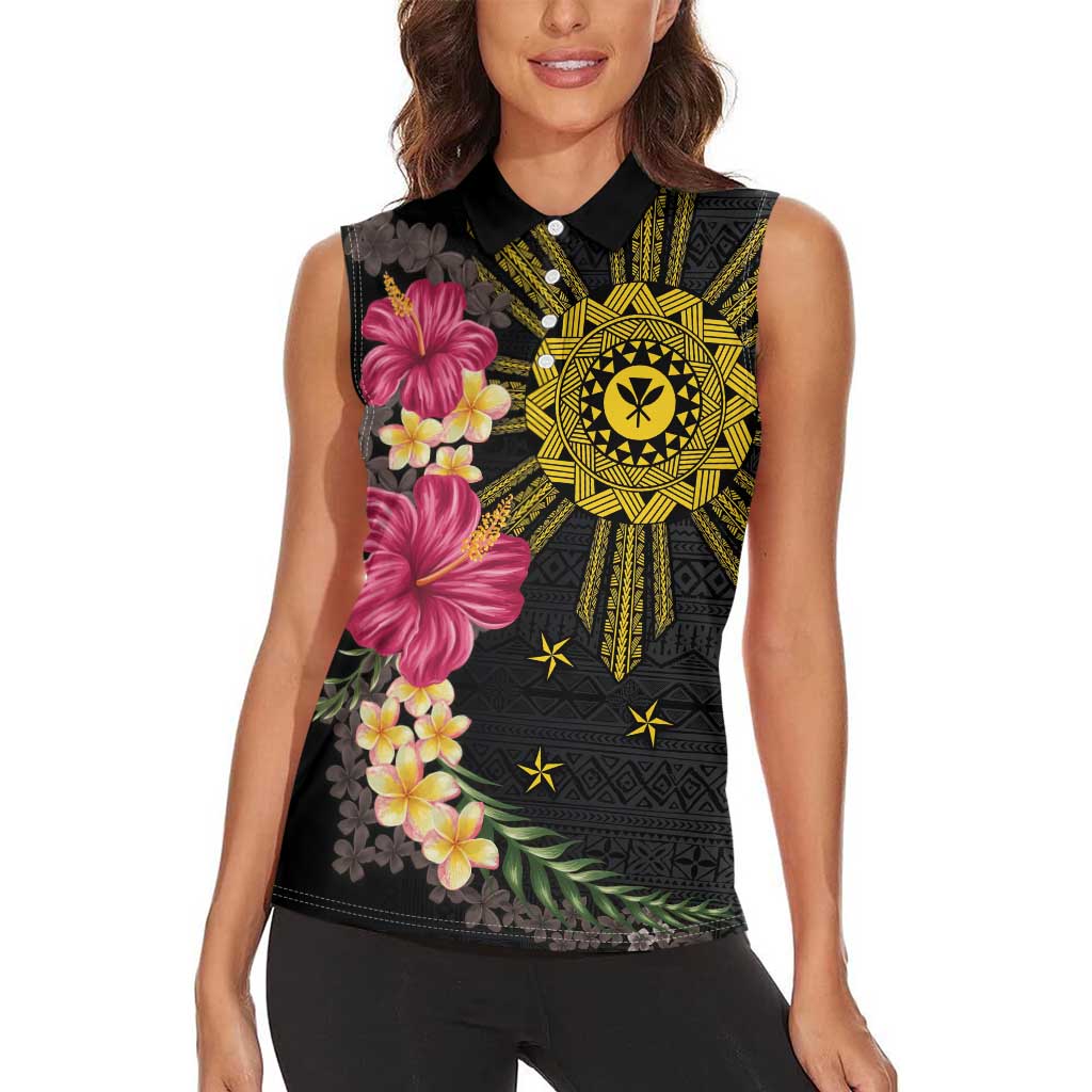 Hawaii and Philippines Together Women Sleeveless Polo Shirt Hibiscus Flower and Sun Badge Polynesian Pattern Coloful LT03 - Polynesian Pride