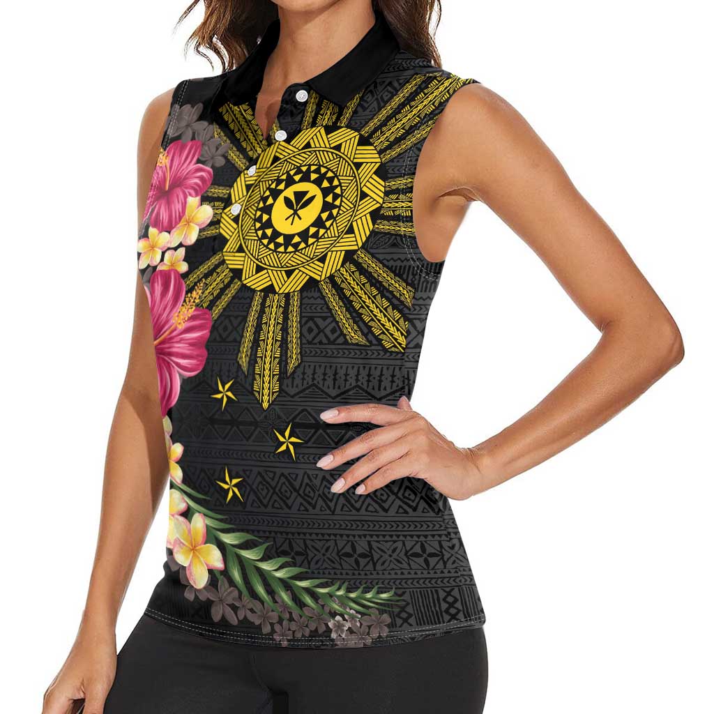 Hawaii and Philippines Together Women Sleeveless Polo Shirt Hibiscus Flower and Sun Badge Polynesian Pattern Coloful LT03 - Polynesian Pride