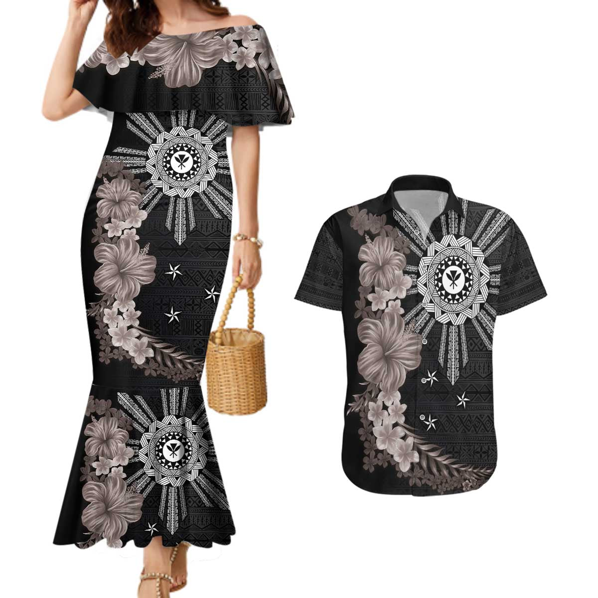 Hawaii and Philippines Together Couples Matching Mermaid Dress and Hawaiian Shirt Hibiscus Flower and Sun Badge Polynesian Pattern Grayscale LT03 Black - Polynesian Pride