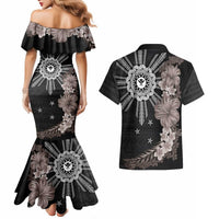 Hawaii and Philippines Together Couples Matching Mermaid Dress and Hawaiian Shirt Hibiscus Flower and Sun Badge Polynesian Pattern Grayscale LT03 - Polynesian Pride