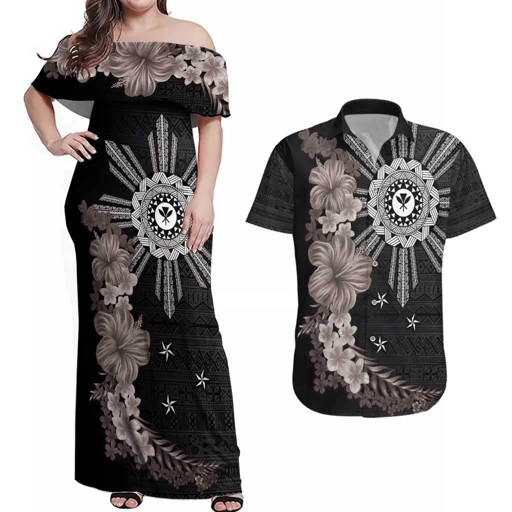 Hawaii and Philippines Together Couples Matching Off Shoulder Maxi Dress and Hawaiian Shirt Hibiscus Flower and Sun Badge Polynesian Pattern Grayscale LT03 Black - Polynesian Pride