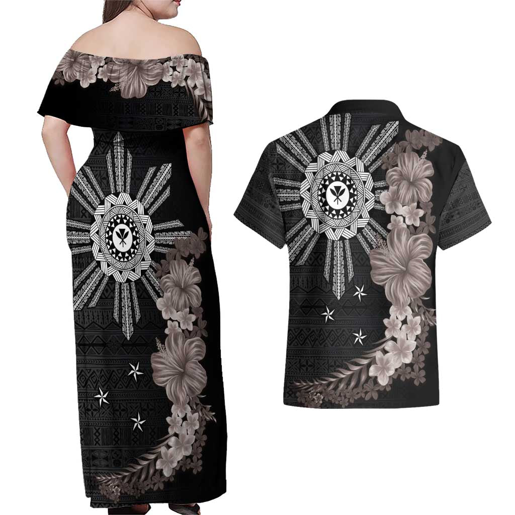Hawaii and Philippines Together Couples Matching Off Shoulder Maxi Dress and Hawaiian Shirt Hibiscus Flower and Sun Badge Polynesian Pattern Grayscale LT03 - Polynesian Pride