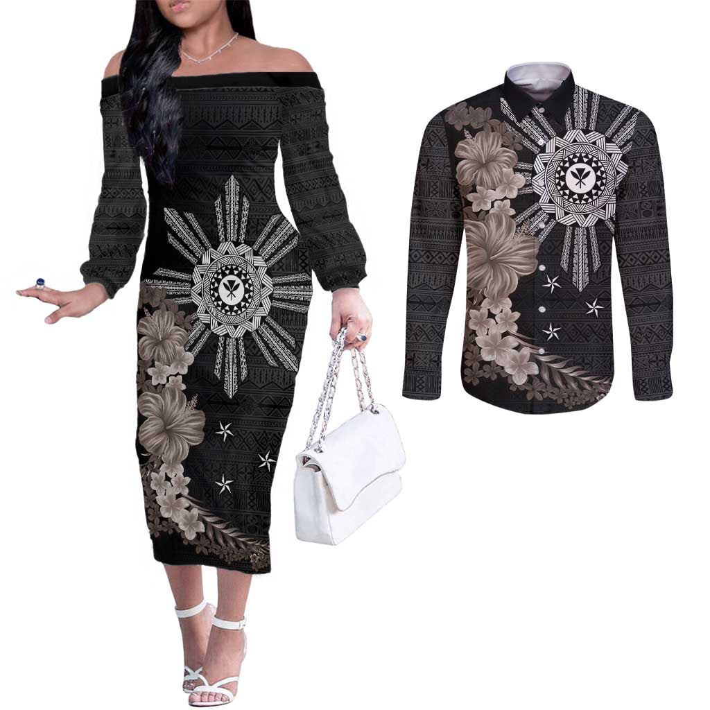 Hawaii and Philippines Together Couples Matching Off The Shoulder Long Sleeve Dress and Long Sleeve Button Shirt Hibiscus Flower and Sun Badge Polynesian Pattern Grayscale