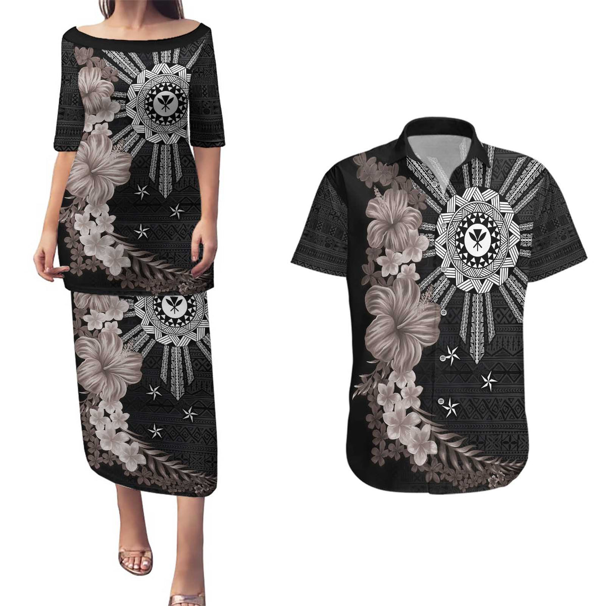 Hawaii and Philippines Together Couples Matching Puletasi and Hawaiian Shirt Hibiscus Flower and Sun Badge Polynesian Pattern Grayscale LT03 Black - Polynesian Pride