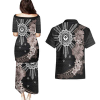 Hawaii and Philippines Together Couples Matching Puletasi and Hawaiian Shirt Hibiscus Flower and Sun Badge Polynesian Pattern Grayscale LT03 - Polynesian Pride